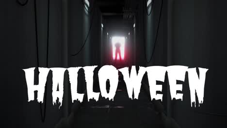Animation-Von-Halloween-Text-In-Weiß-über-Einer-Gruseligen-Figur-Mit-Hintergrundbeleuchtung-Im-Dunklen-Korridor