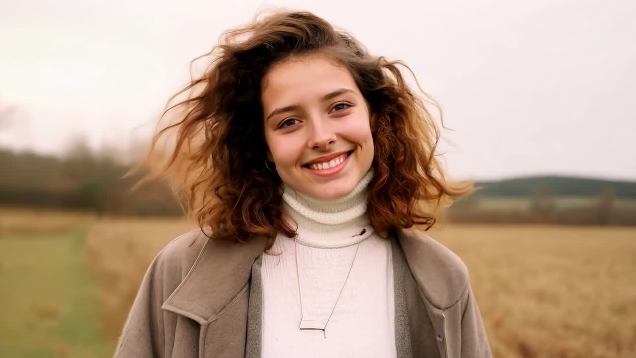 A woman smiles gently in a field, captured in a close-up, eye-level angle