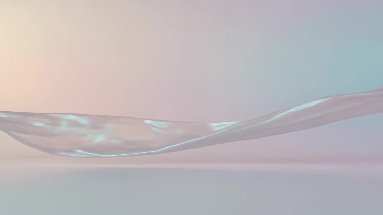 Sliding sheer ribbon shaping right on start over shiny pastel base showing pearly cyan highlights