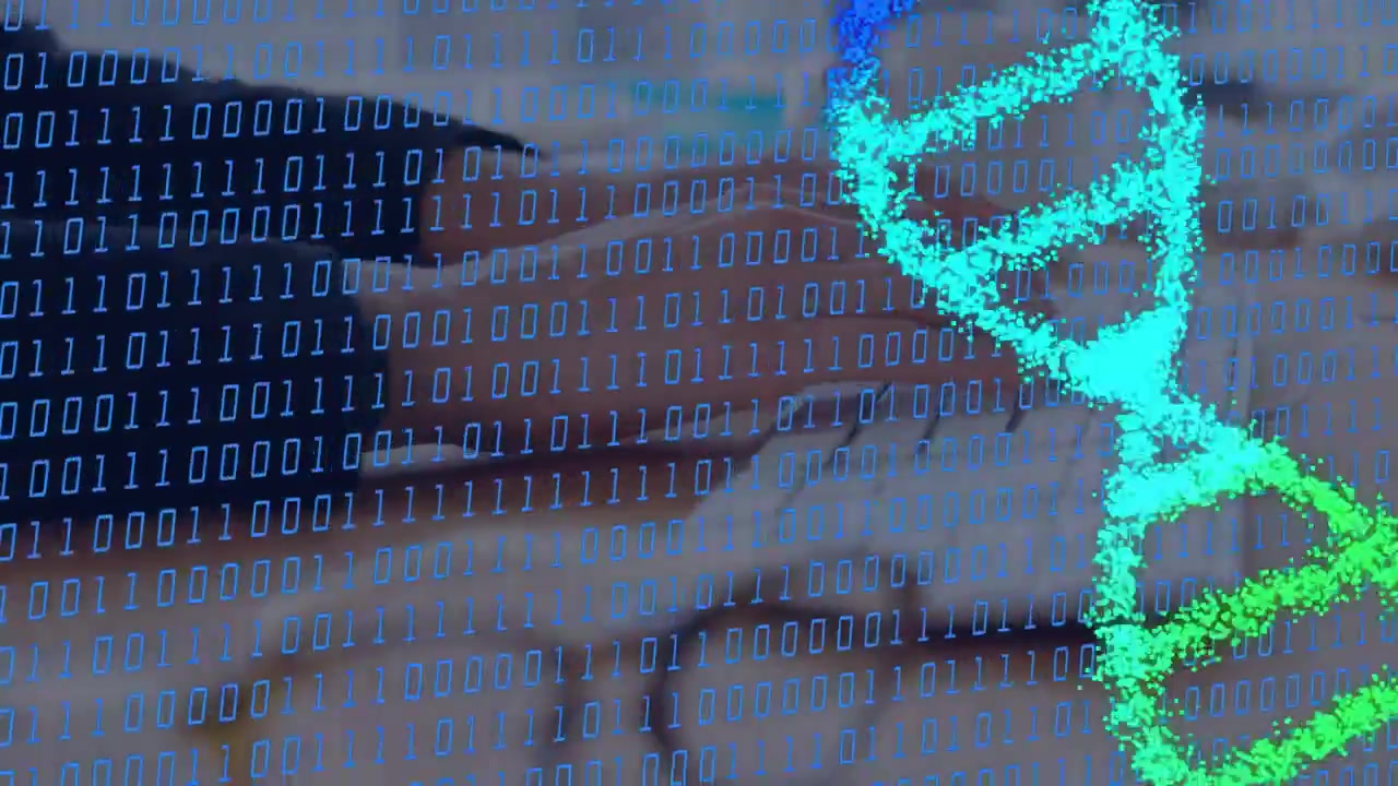 Woman typing on keys, typing initiating binary digits and particles forming cyan DNA helix for tech