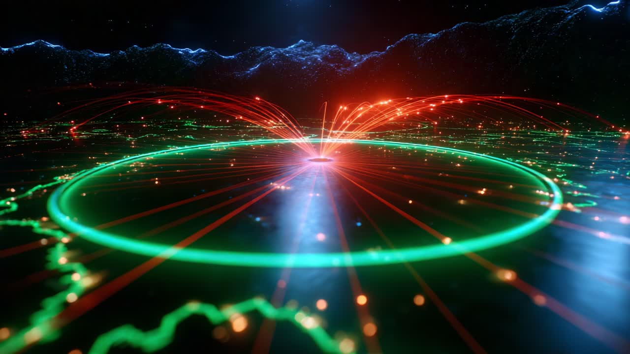 A captivating visual representation of dynamic energy flows, showcasing vibrant streams of light emanating from a central point within a circular framework, set against a cosmic backdrop filled with intricate patterns and colors