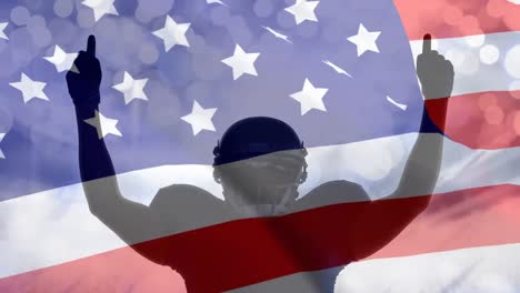 digital animation of victorious rugby player with hands raised against the american flag 4k