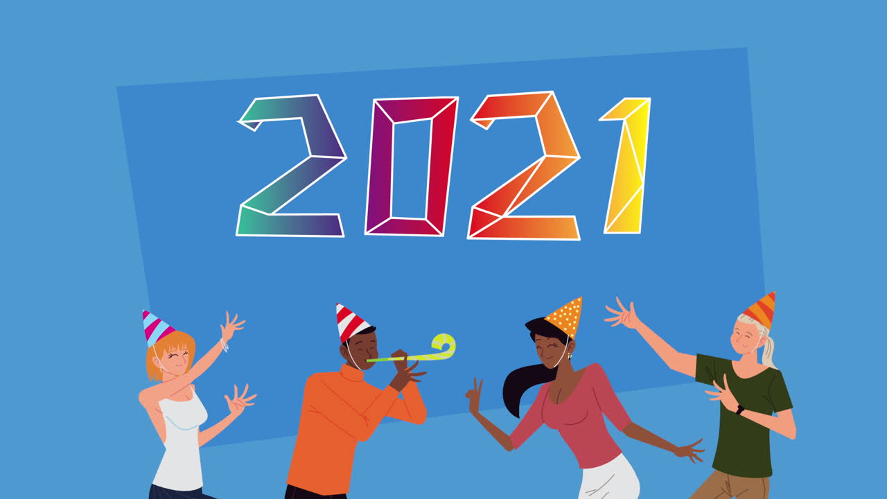 feliz año nuevo 2021 celebración con números y personas celebrando