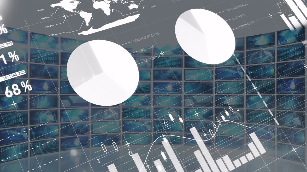 animación de gráficos y gráficos financieros en múltiples pantallas que muestran datos globales