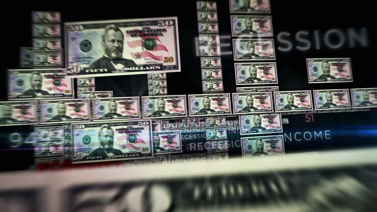 Banconote di dollari in volo, animazione in loop continuo.