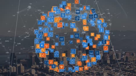 Animation-of-network-of-connections-with-icons-over-cityscape