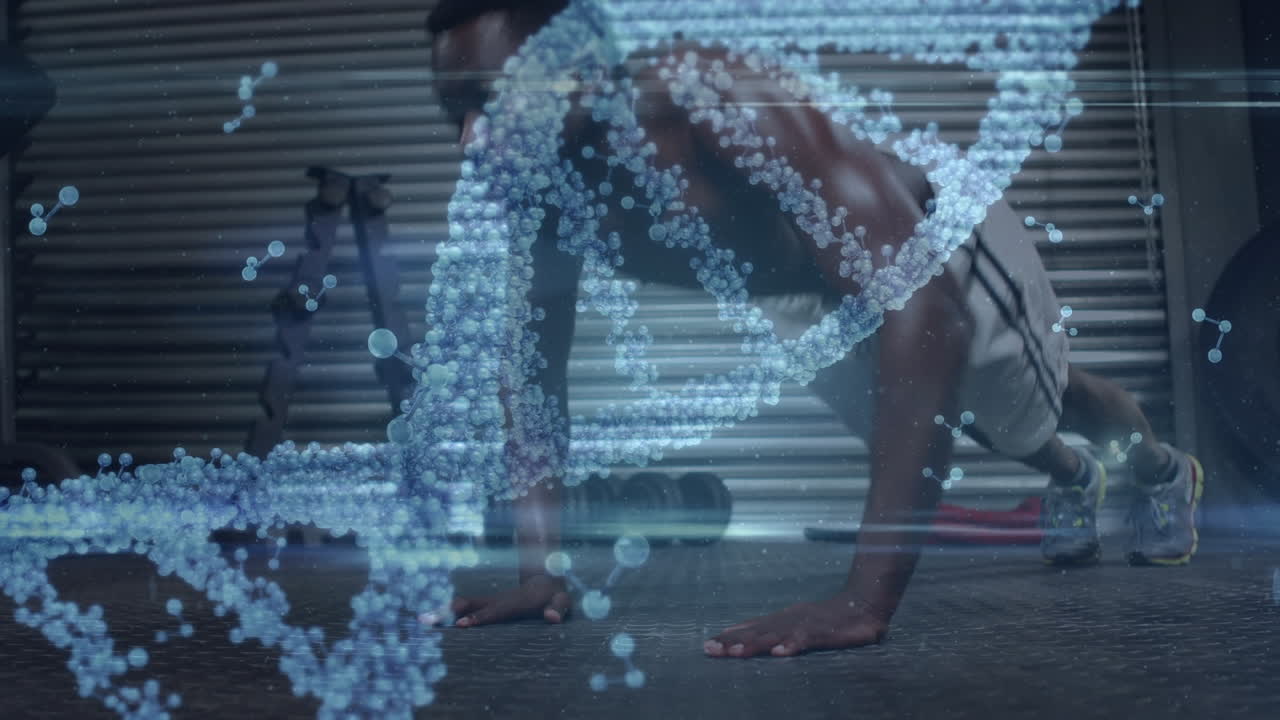 데이터 프로세싱과 강인한 사람의 운동을 하는 dna 가닥의 애니메이션