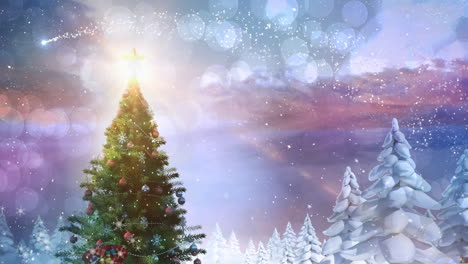 nieve cayendo sobre el árbol de navidad en el paisaje de invierno contra manchas de luz