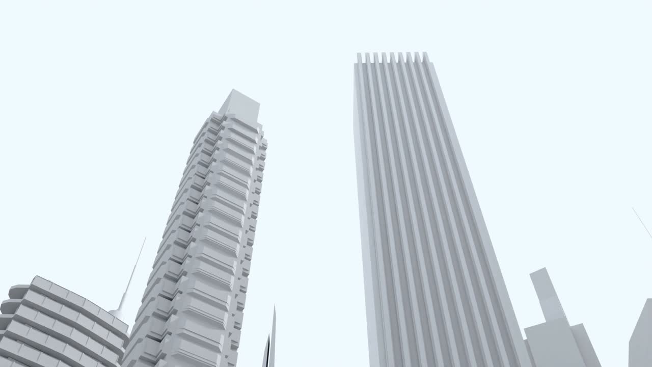 카메라가 현대 도시의 거리를 날아다니며, 초고층 건물, 오피스 빌딩 및 주거 블록과 함께 3d 렌더링 애니메이션.