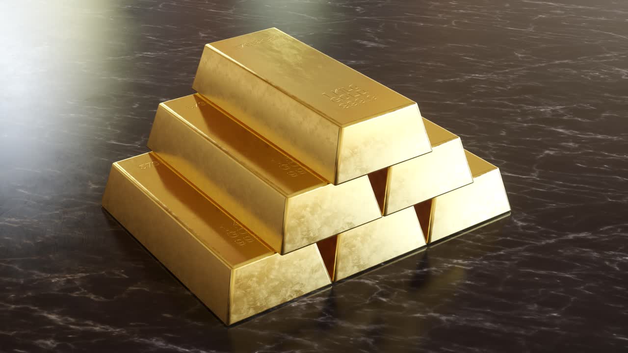 Gold bars pyramid on marble surface. 3d animation