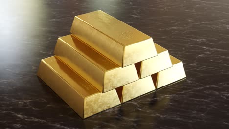 gold bars pyramid on marble surface. 3d animation