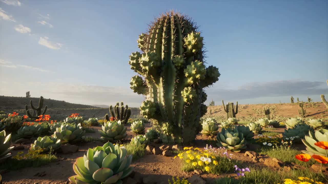 Telecamera in avvicinamento, un cactus costoluto che entra a fuoco nel deserto per evidenziare le coste e le rosette.