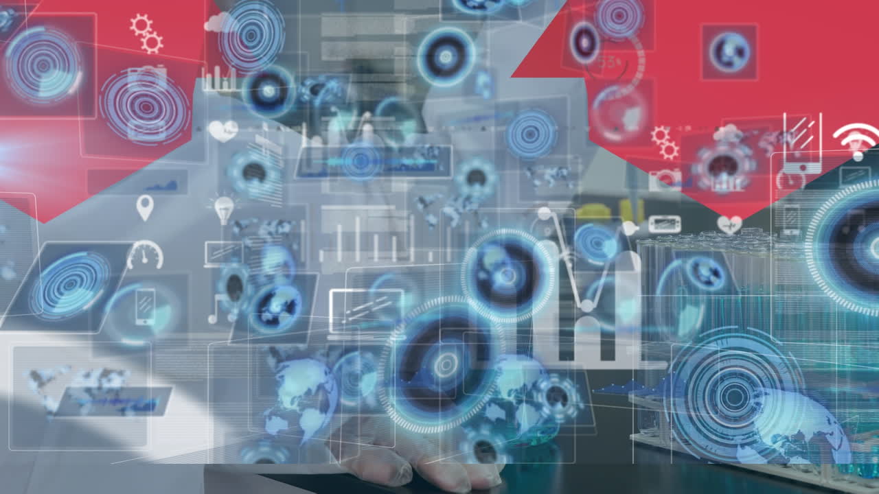 실험실에서 백인 남성 과학자에 대한 스 ⁇  스캐닝 및 데이터 처리 애니메이션