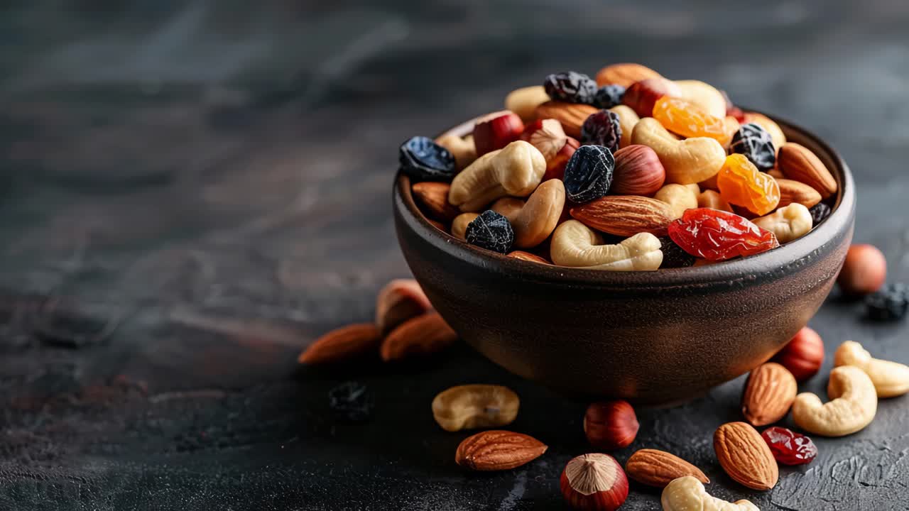 Mixed Nuts and Raisins in a Bowl