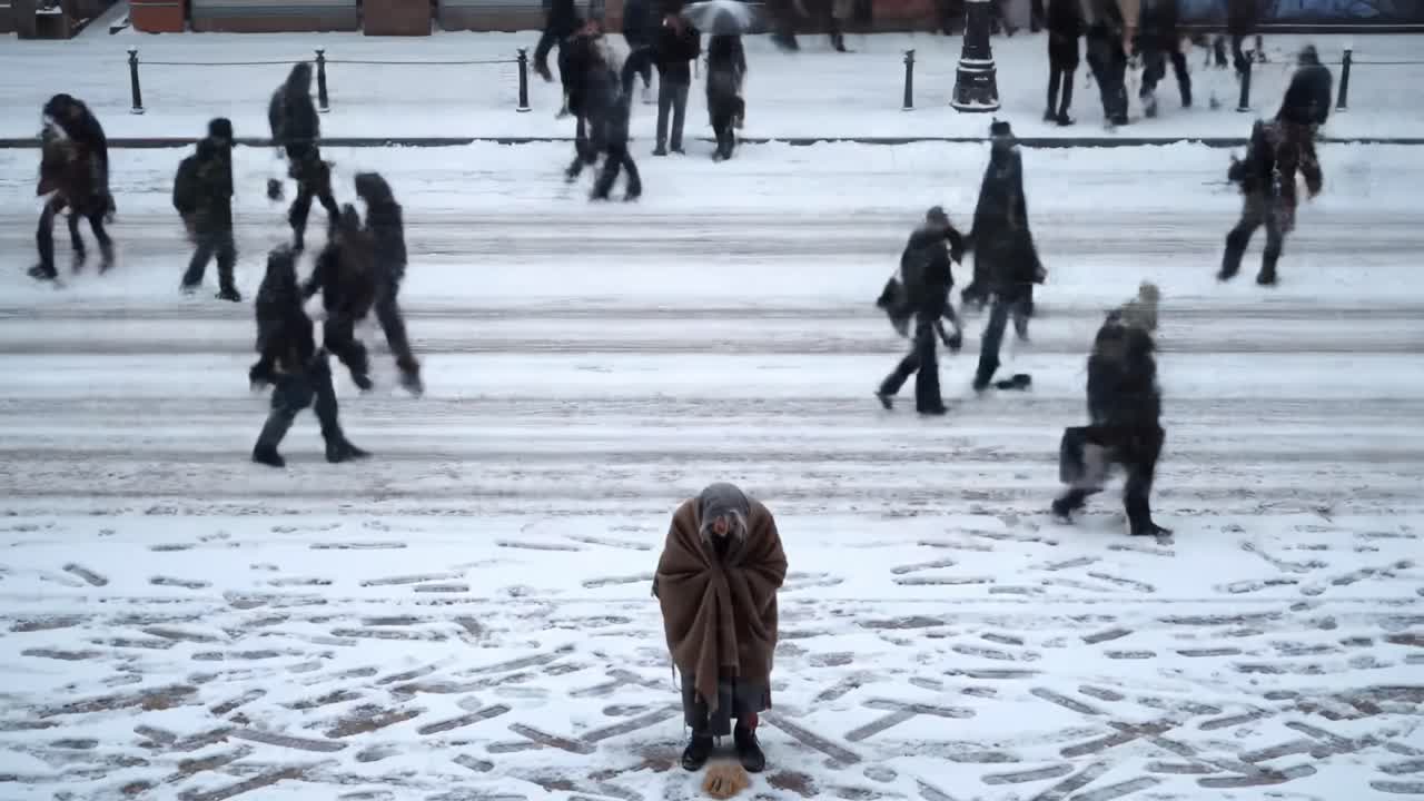 A bustling city street is covered in snow as people hurry by in winter clothing. In the foreground, an individual kneels on the ground, seemingly focused on something.