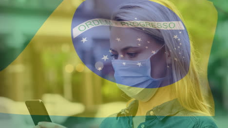 animación de la bandera de brasil ondeando sobre una mujer con máscaras faciales