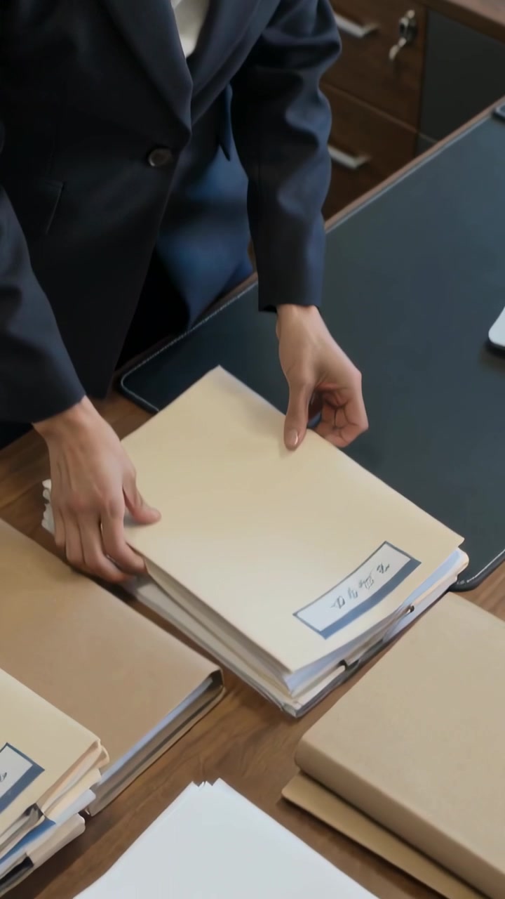 Vertical video: Leaning woman in blazer sorting manila files at desk, filing clipboard for review