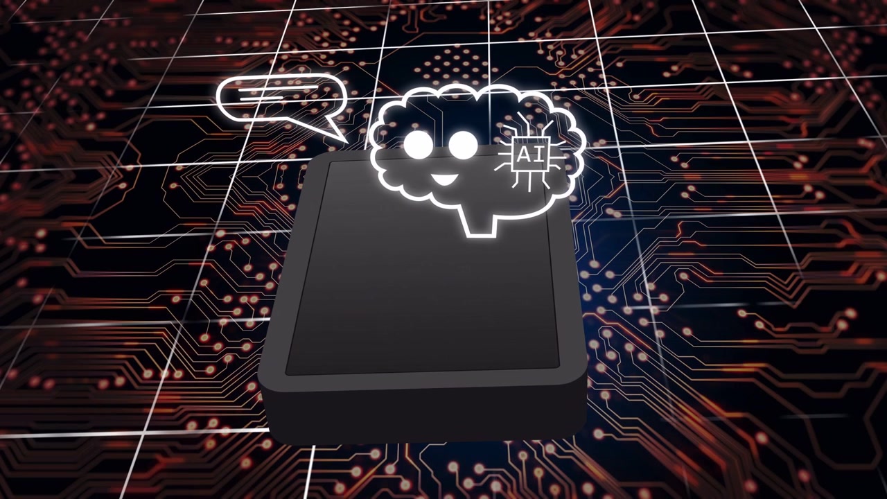 Neon head appearing above module, forming speech then swapping to AI cloud, visualizing processing