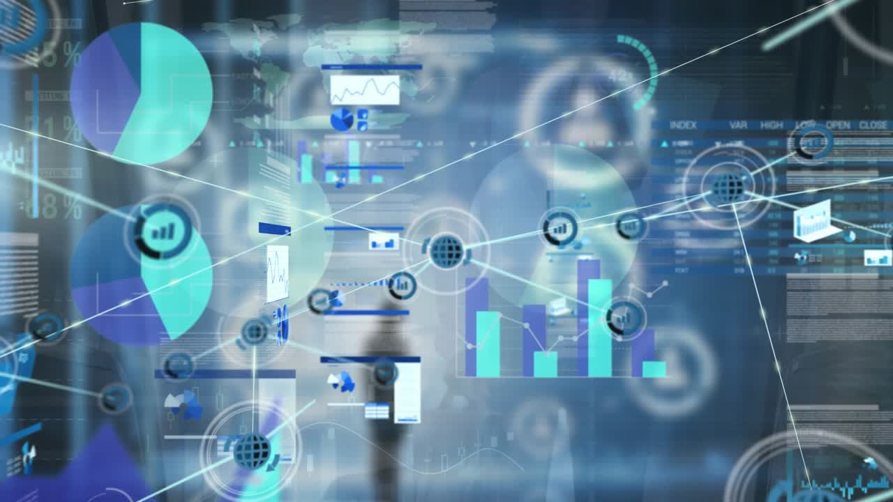 Animation of network of connections over diverse hand in blue space
