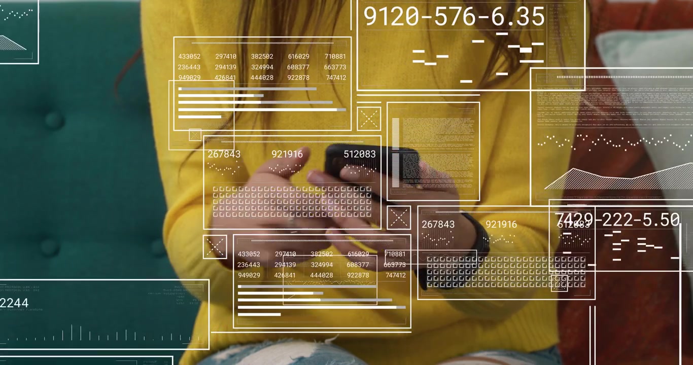 Woman tapping smartphone activating spreading data panels and circular HUD analyzing finance charts