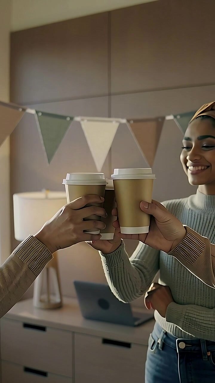 Vertical video: Staff raising paper cups, woman in ribbed top smiling and sipping for office break