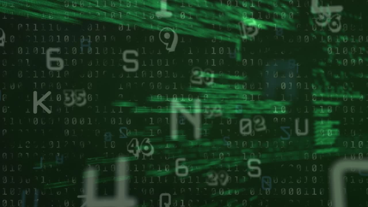 Animation of data processing on green and black background with numbers