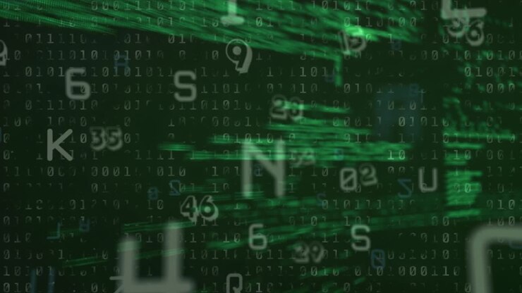 Animation of data processing on green and black background with numbers