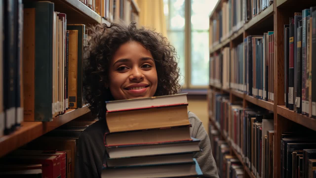 Having gathered six books, Black student adjusting grip and preparing to move along library shelves