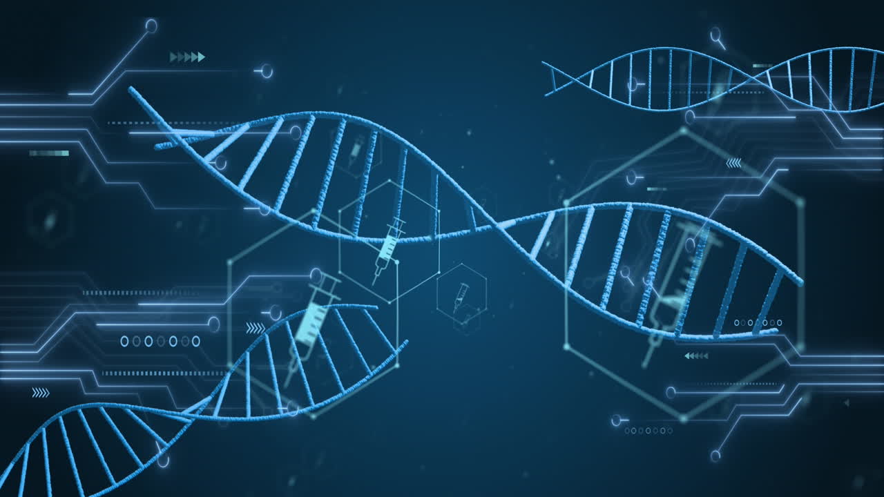 Animation of icons, dna strands over data processing