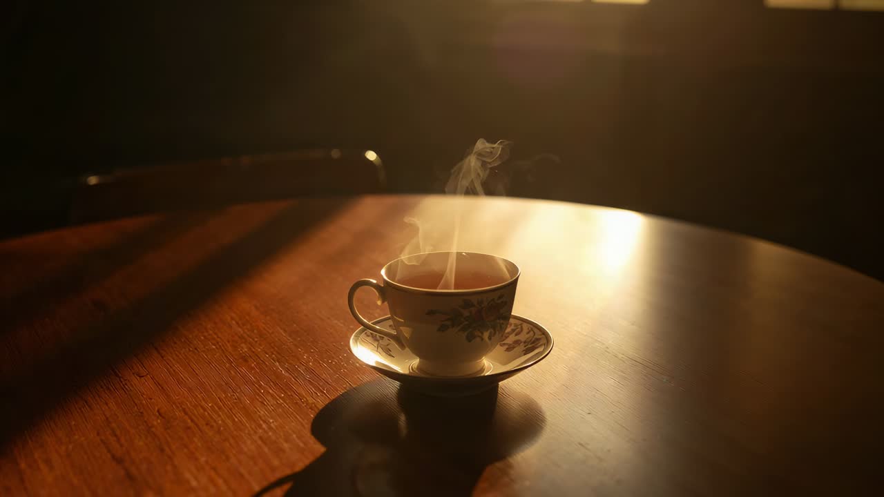 Sunlight streaming from backlit window lighting teacup on saucer on wooden table, revealing steam