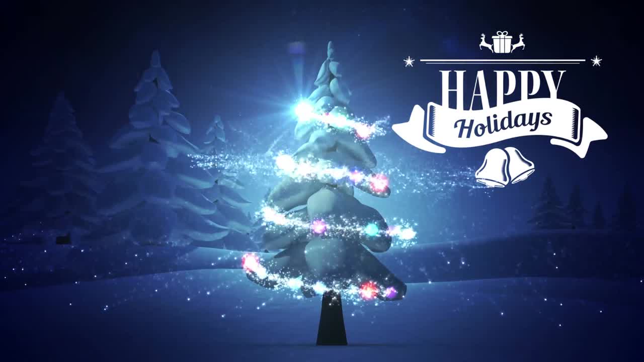 겨울 4k 동안 행복한 휴일 표지판과 장식 된 크리스마스 트리