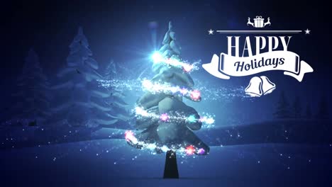 Happy-holiday-sign-and-decorated-Christmas-tree-during-winter-4k