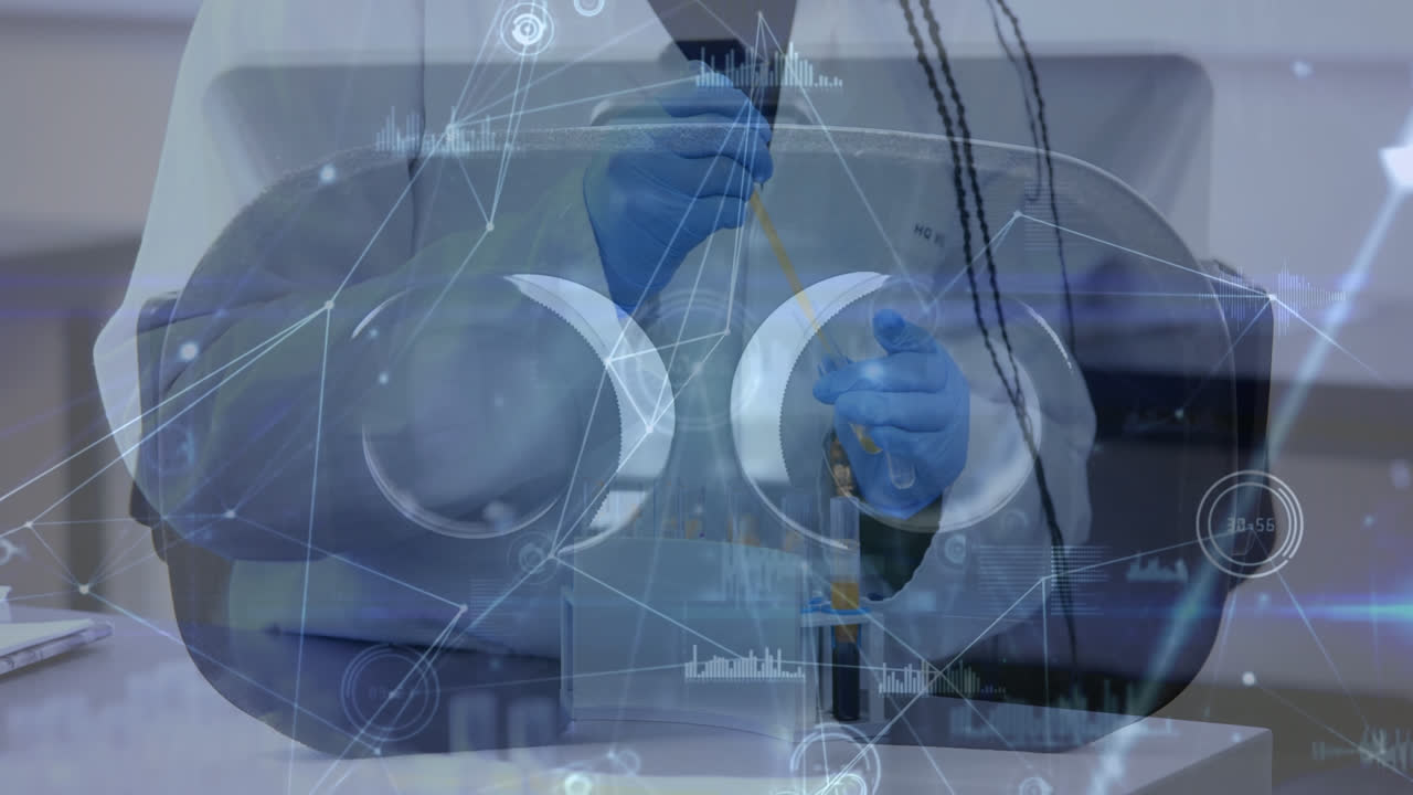 여성 실험실 직원의 손을 통해 연결 네트워크의 애니메이션