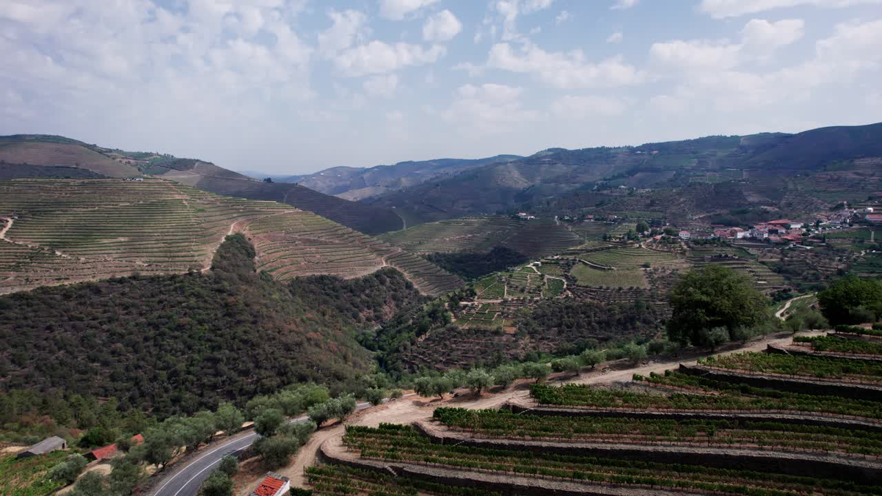 Terrazzamenti di vigneti e strada sopra la valle collinare di Vale de Mendíz, Portogallo