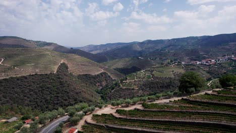 Vineyard-terraces-and-road-above-hilly-Vale-de-Mendíz-valley,-Portugal