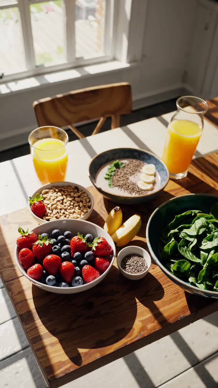 Bright overhead shot of a healthy breakfast setup with fruits, seeds, and juice, perfect