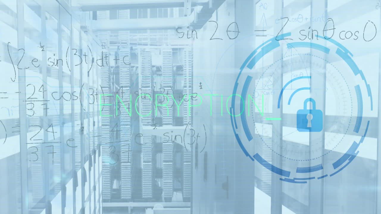 animación del icono del candado en círculo y ecuaciones matemáticas a través de sistemas de servidor de datos en la habitación
