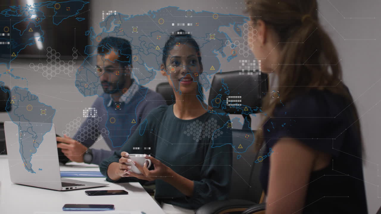 Animation of world map and data processing over diverse male and female colleagues in meeting