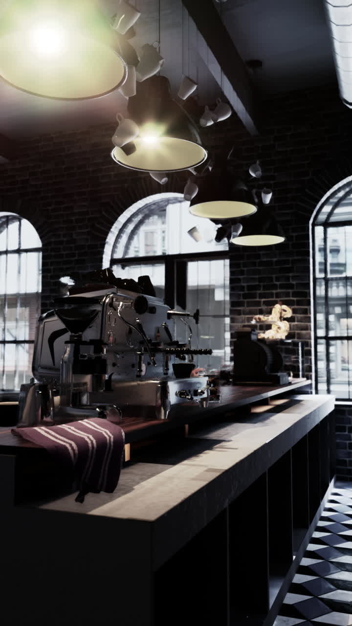 Interno moderno di una caffetteria con macchina da caffè espresso e parete in mattoni