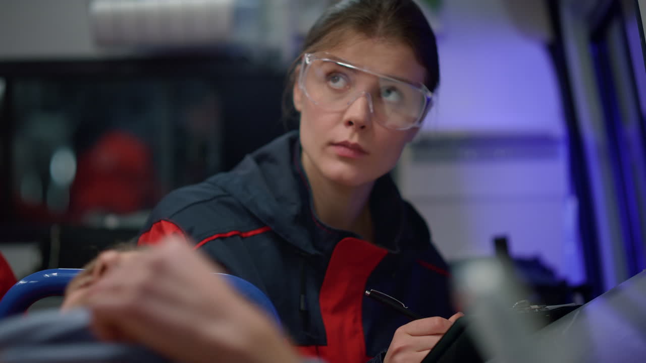 el paramédico escribe el diagnóstico de la víctima en el clipboard. el médico examina al paciente