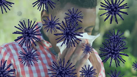 animación de la célula del virus sobre un hombre afroamericano enfermo que tiene la nariz que corre