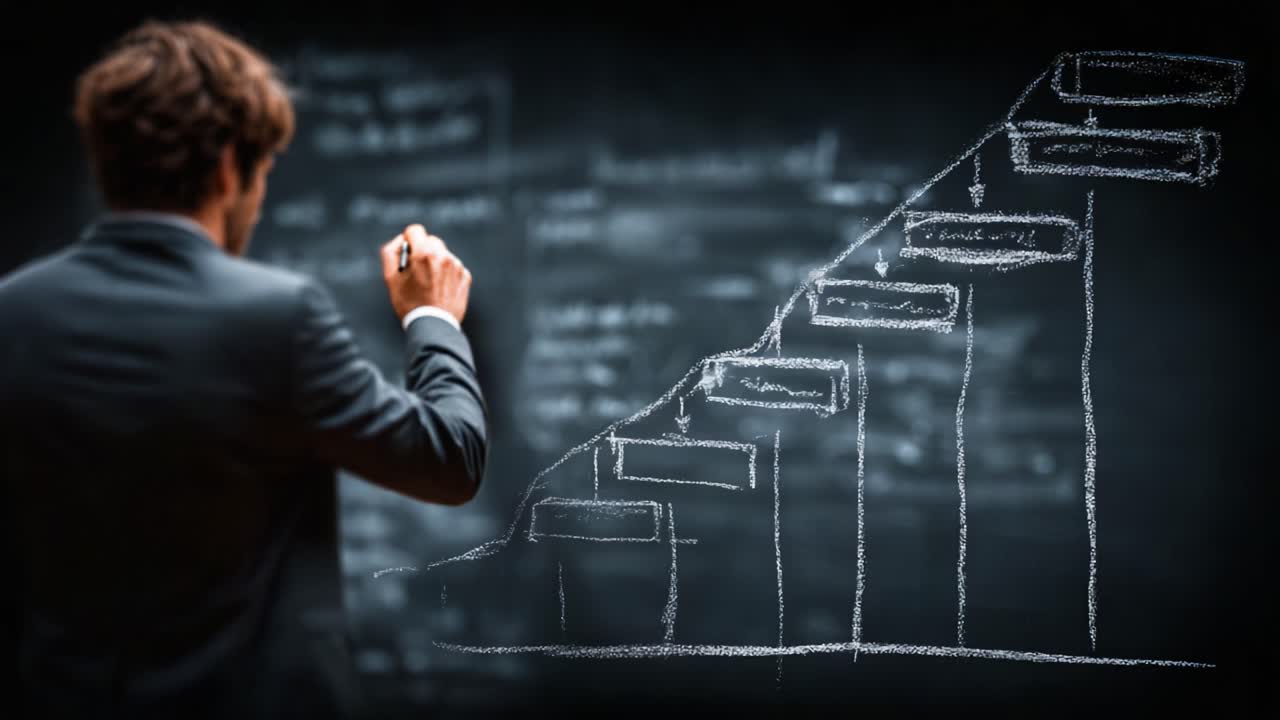 A Professional Analyzing and Illustrating Growth Trends on a Black Chalkboard with Graphs and Data, Demonstrating Insightful Business Strategies and Planning