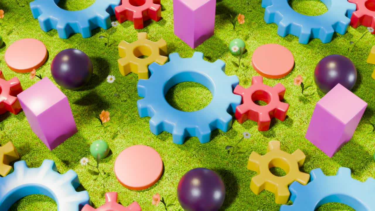 3D animation of colorful gear mechanism in seamless loop on meadow