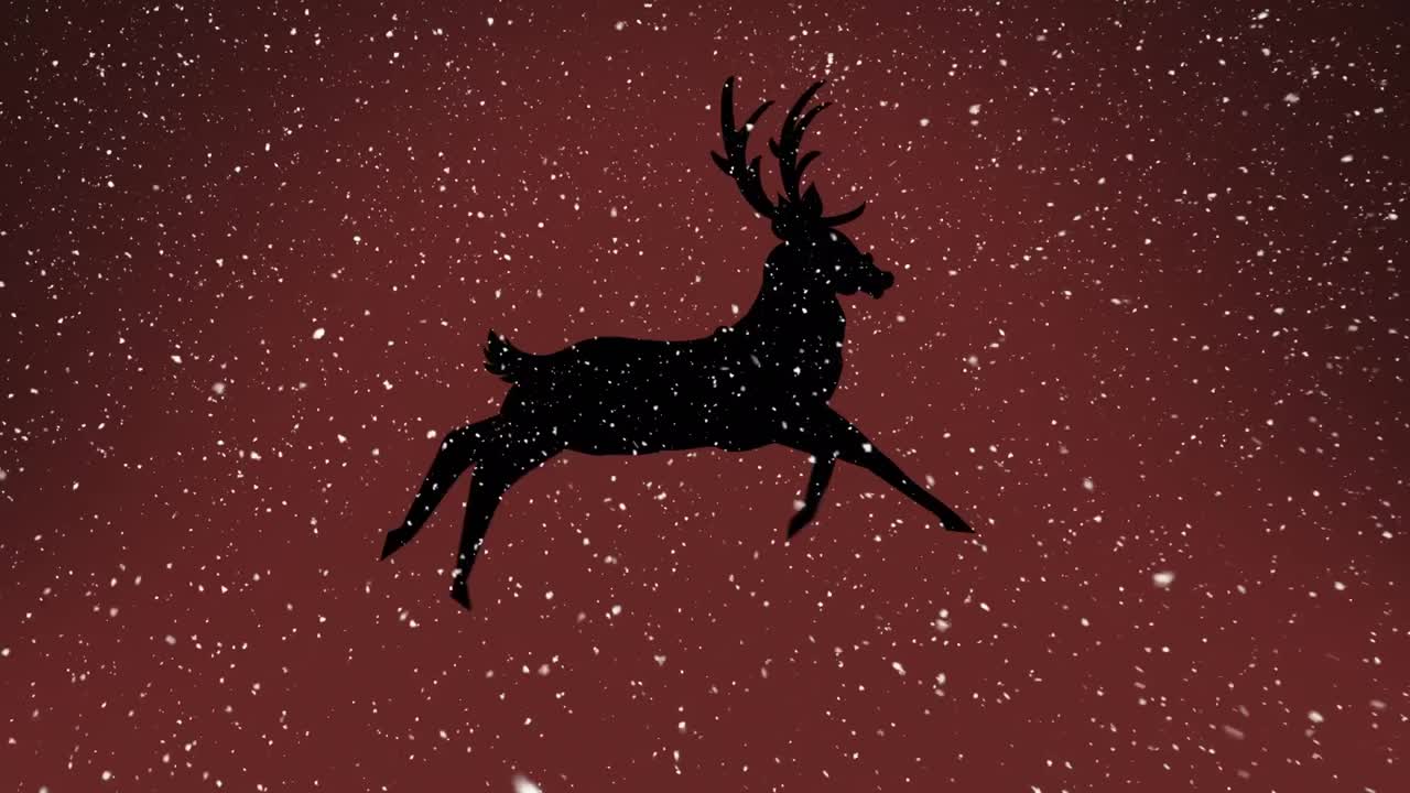 animación de nieve cayendo sobre renos de navidad sobre fondo rojo
