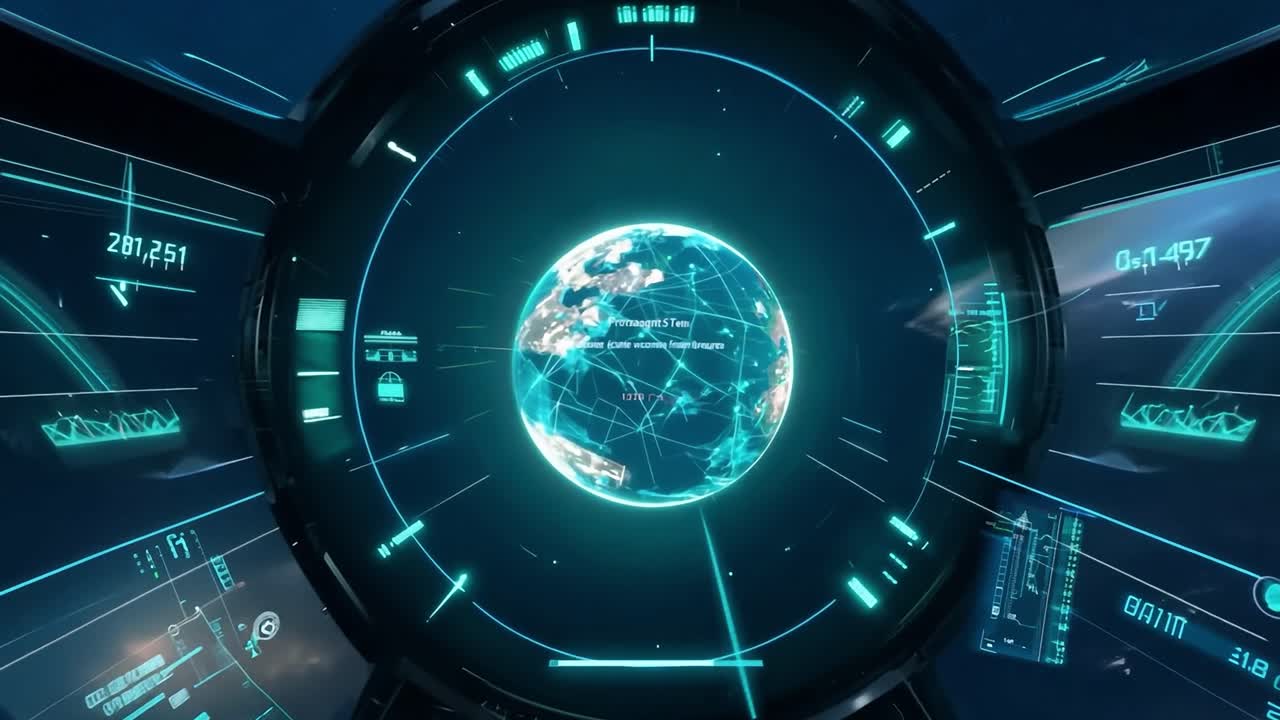 Explore a futuristic spacecraft cockpit with a holographic earth display and advanced digital interfaces for space travel and navigation