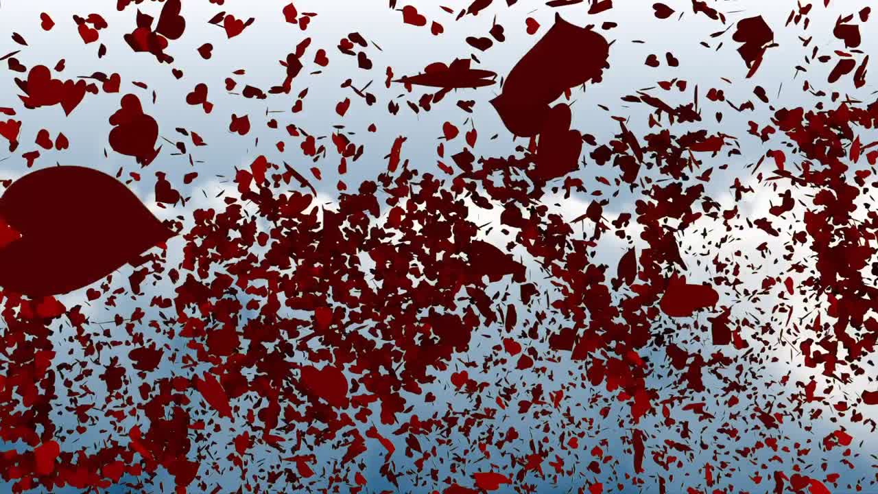 corazones en caída libre dando forma a la palabra amor