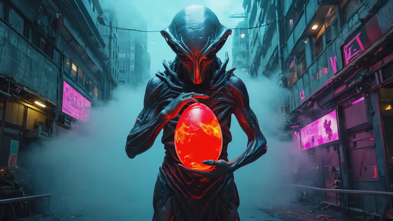 Alien Holding a Glowing Egg in a Futuristic City