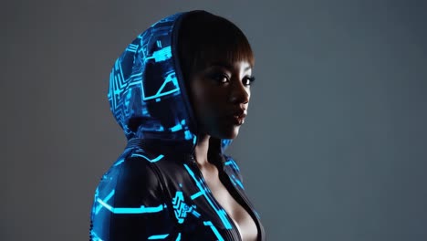 futuristic portrait with glowing circuit hoodie