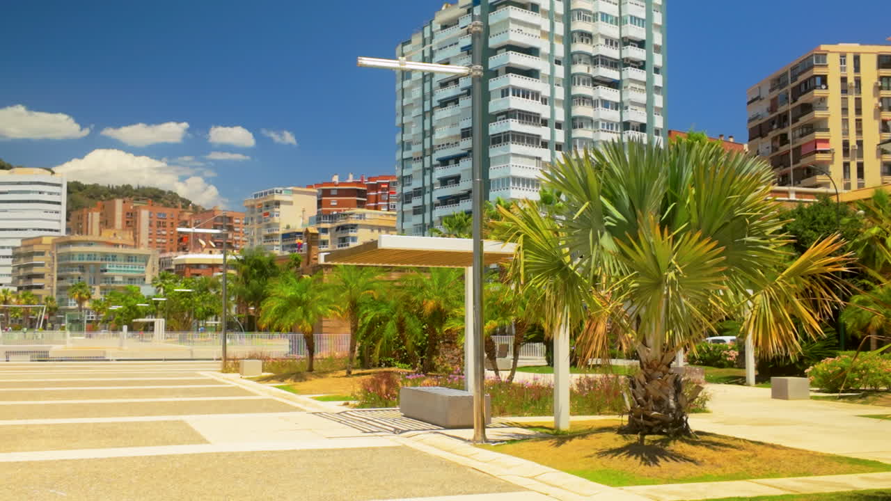 primer plano de flores rosadas y púrpuras vibrantes en un jardín ajardinado con un cielo azul claro en el fondo