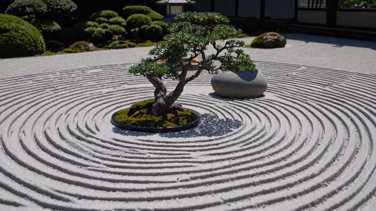 Un giardino zen con motivi concentrici sulla sabbia e un bonsai, ripreso da un angolo basso